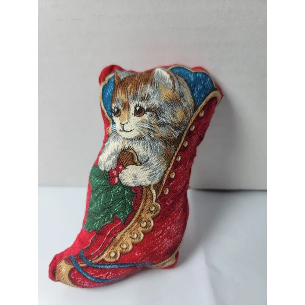 Vintage Style Christmas Cat in Stocking Mini Plush Pillow Shelf Sitter...